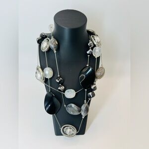 NY & Company Long Black Silver Beaded Statement Necklace